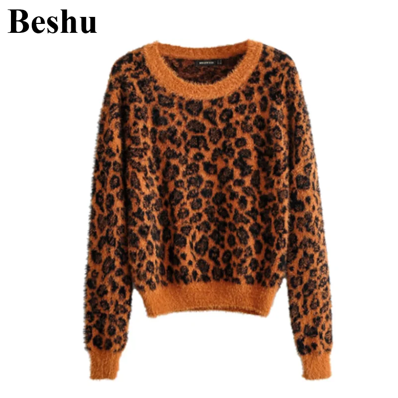 za 2019 new fashion women casual tops cotton winter long sleeves with 0-collar pullover Leopard print sweaters | Женская одежда