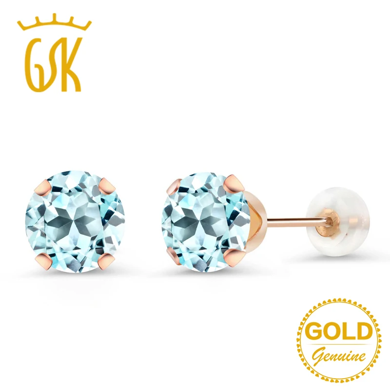 Серьги GemStoneKing 1 80 карат Круглые 6 мм натуральный небесно голубой топаз серьги 10 к