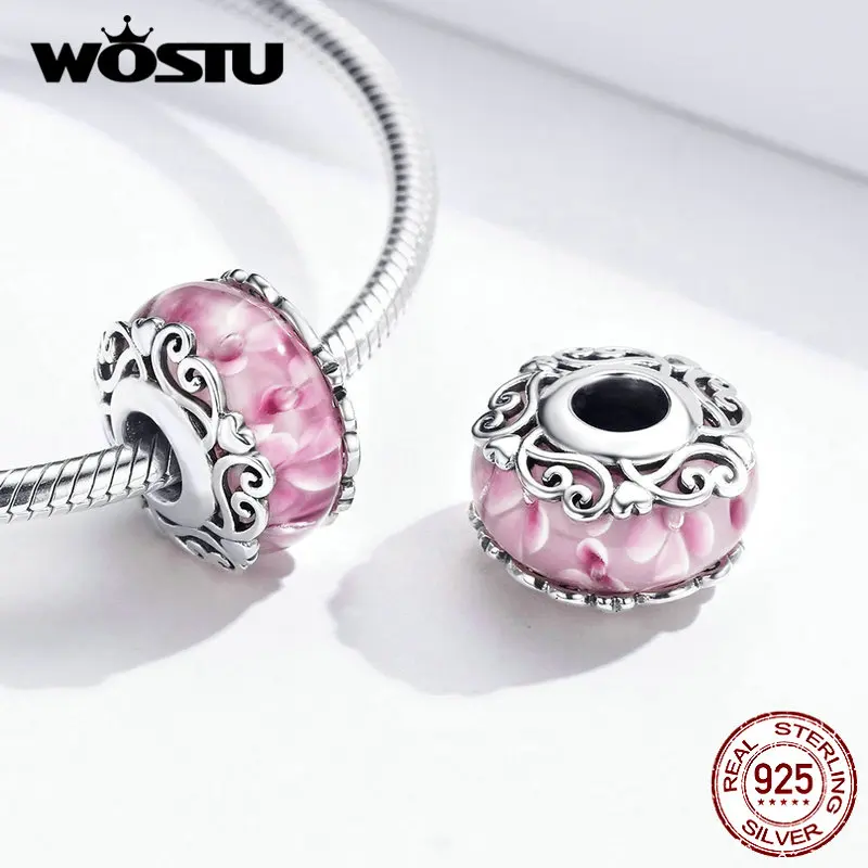 WOSTU подлинный 925 пробы серебряный розовый сердце к сердцу Подвеска из стеклянных бусин подходит браслет и ожерелье для женщин CQC1283
