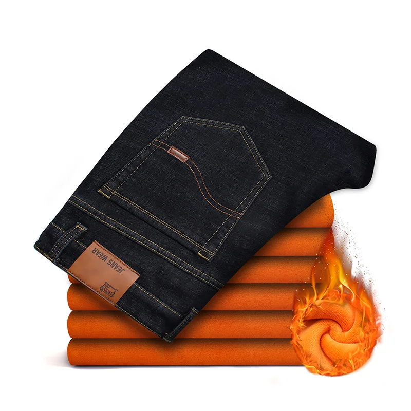 Джинсы мужские Фланелевые стрейчевые теплые брюки с флисовой подкладкой прямые