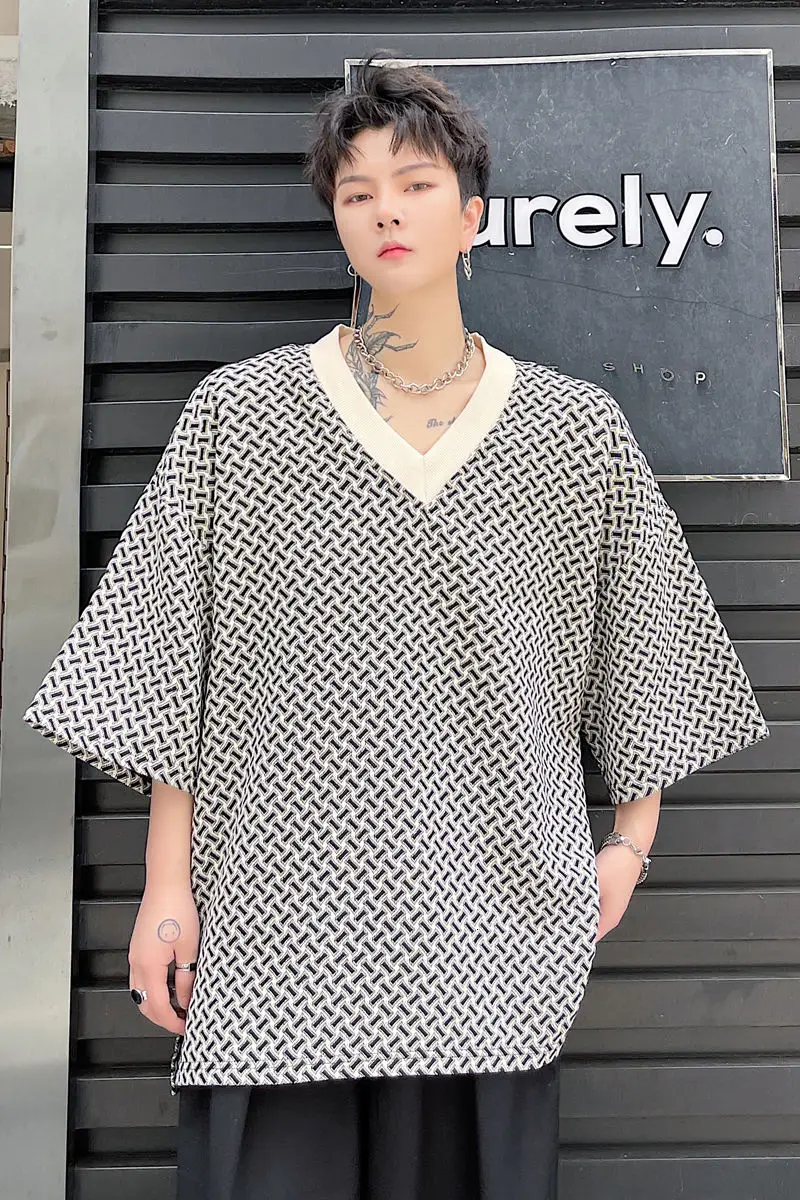 

IEFB 2021 Summer Geometric Pattern V-neck Pullover Loose Men's Short Sleeve T-shirt Loose Causal Tee Tops Vintage Cloth 9Y7512