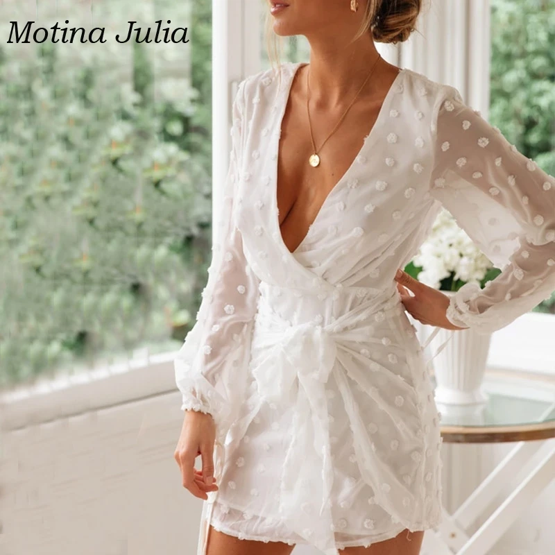 Motina Julia sexy white chiffon Jacquard dress eyelet long sleeve neck bow women vestidos 2019 trendy | Женская одежда