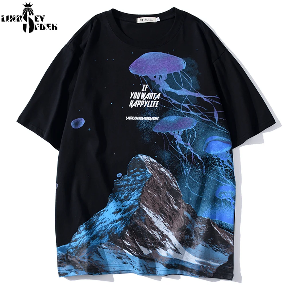 Lindsey Seader Jellyfish Mountain Print Short Sleeve Tshirts Streetwear Hiphop Casual T Shirt Men Fashion Summer Hispter Top Tee | Мужская