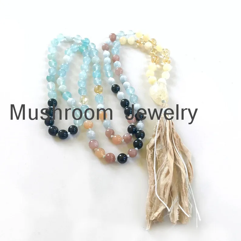 108 Free Shipping semi precious stone beads  Women Tassel Pendant Jewelry Sari SILK tassel Mala BeaDS 108 Necklace