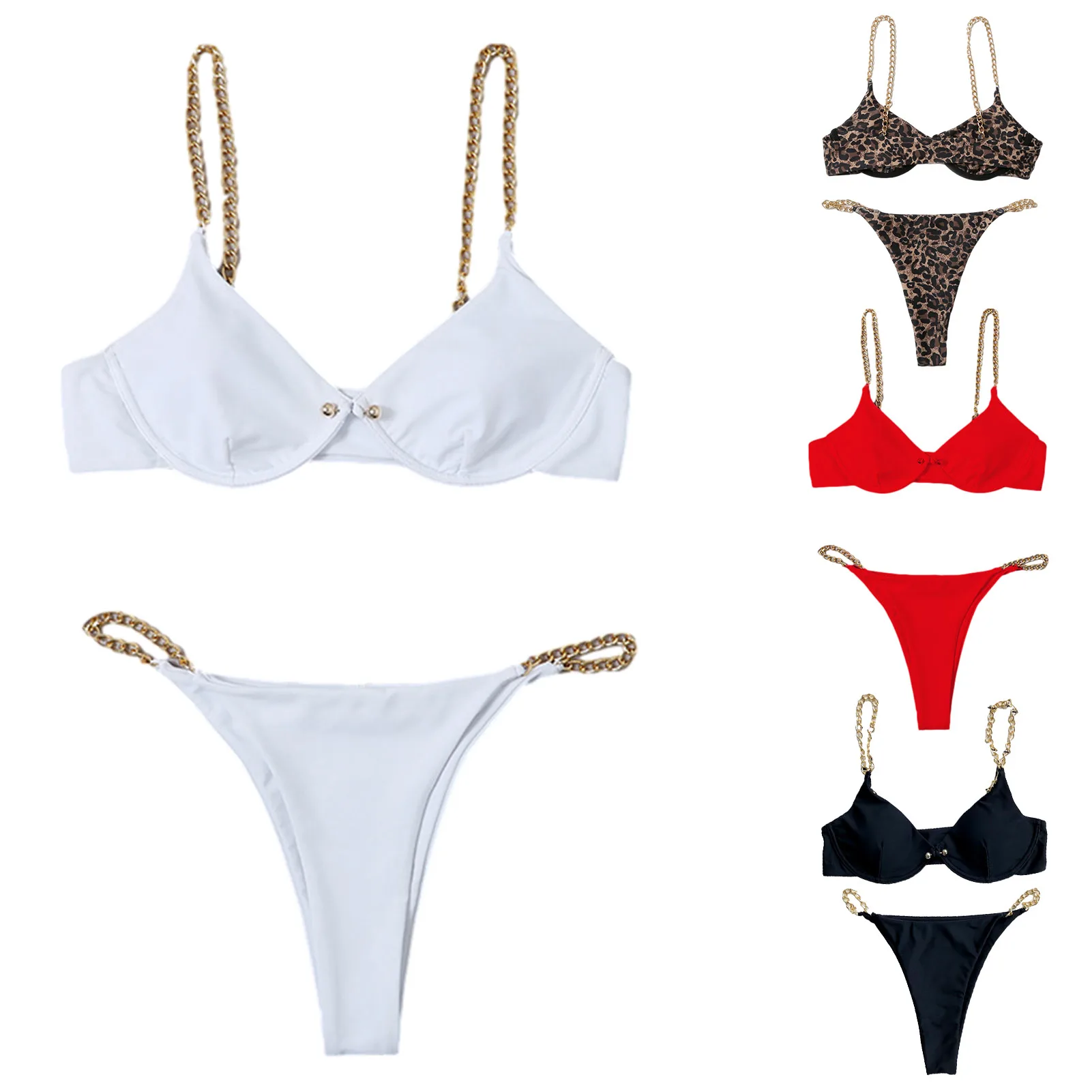 

Women Bikini Summer fashion 2PC solid color Bikini Swimsuit metal Chain Bikini Pin Button 2021 Sexy lady Split Swimsuit