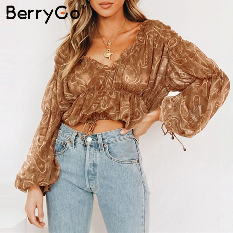 BerryGo/винтажная короткая шифоновая блузка для женщин с эластичной высокой талией