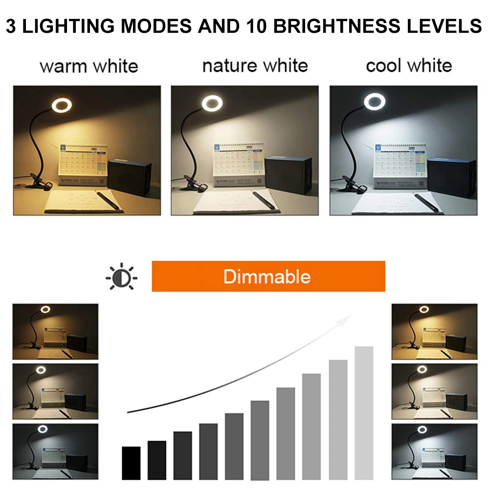 LED Clip On Desk Lamp USB Reading Light with 3 Mode Brightness Eye Caring Flexible Gooseneck Bedside Book Studying | Лампы и освещение
