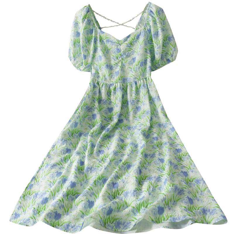 

bead necklines dew collarbone dress female tall waist long money hubble-bubble sleeve full-skirted dress in the summer