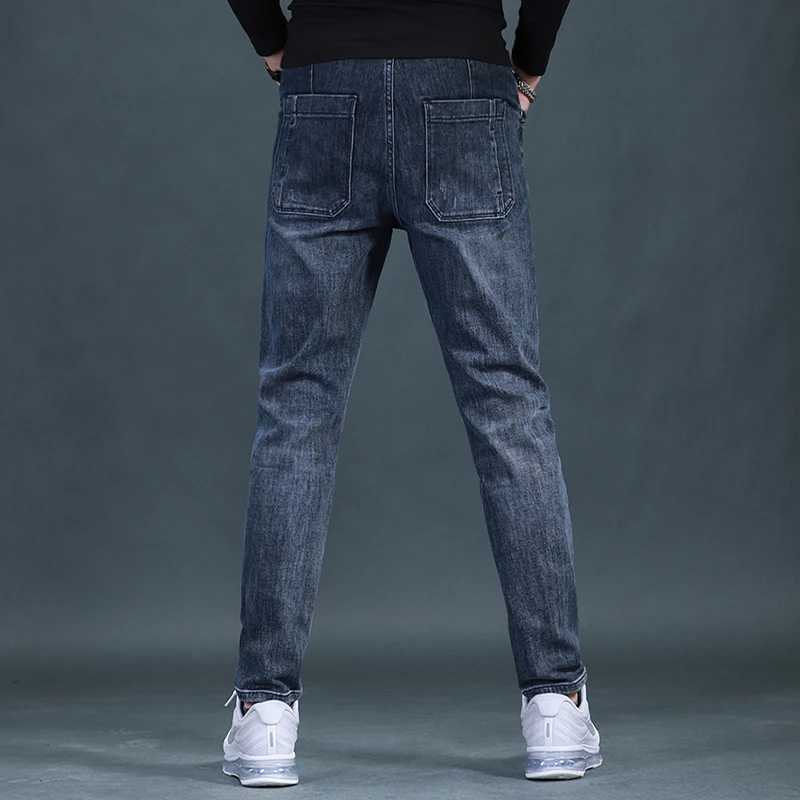 

Blue Stretch Jeans Men Casual Pants Korean Style Cotton Regular Fit Denim Trousers