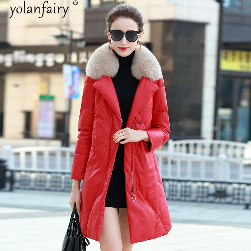 

Genuine Sheepskin Leather Jackets Women 90% White Duck Down Winter Coat Female Fox Fur Collar Leather Jacket Mujer Chaqueta 2020