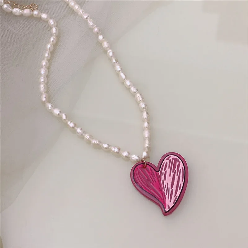 Collar de corazón rosa perla auténtica para mujer, bonito collar kawaii de verano para chicas adolescentes, joyería y2k 2000s