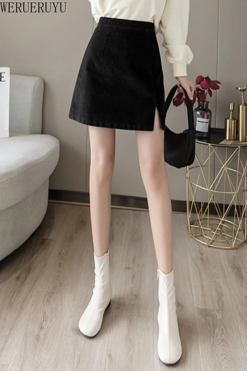 

WERUERUYU Woman corduroy skirt sexy mini Vintage harajuku skirts mini slit slim high waist straight skirt ladies korean style