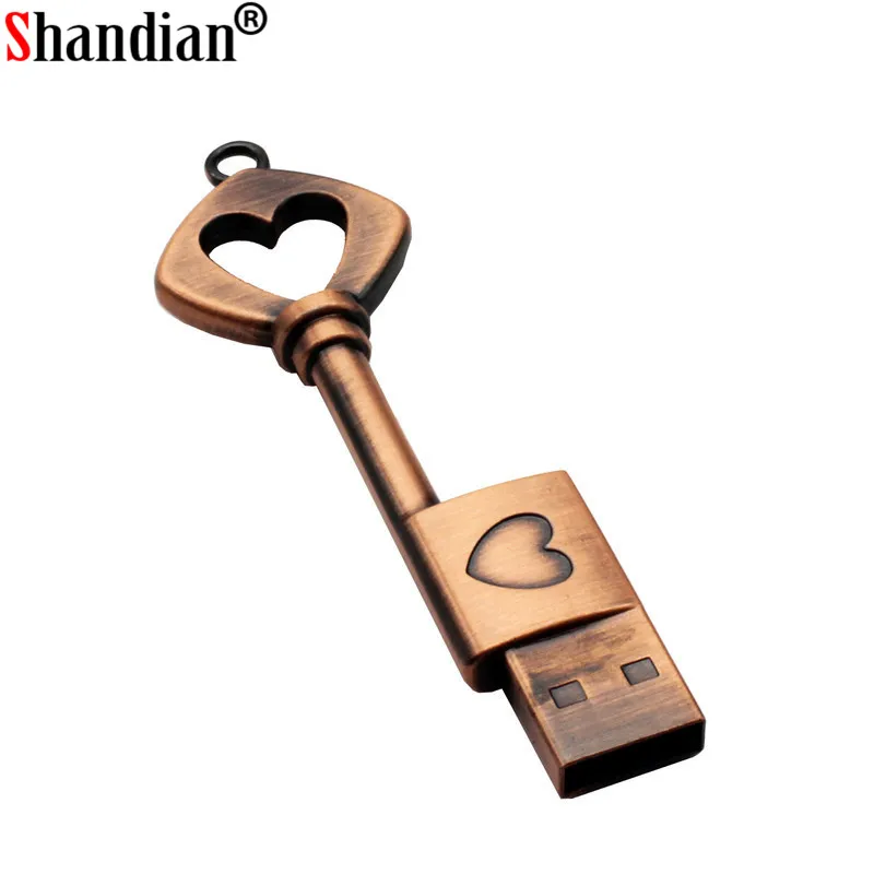 SHANDIAN copper love heart shaped key usb flash drive pendrive pen 4gb 16gb 32gb 64GB metal keys memory Stick wedding gift | Компьютеры и