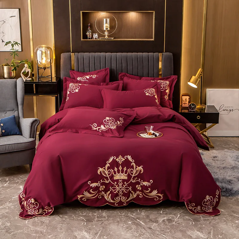 

Luxury 600TC Egyptian Cotton Gold Crown Embroidery Bedding Set Queen King Size Duvet Cover Bed Sheet Pillowcases Home Textiles