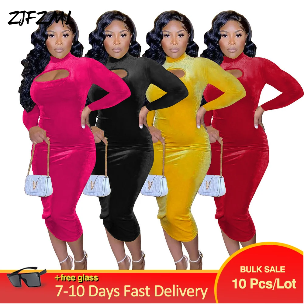 

Bulk Items Wholesale Lots Early Autumn Sheath Dress Women Hollow Out Full Sleeve Mid Calf Dresses Sexy Party Clubwear Outfits