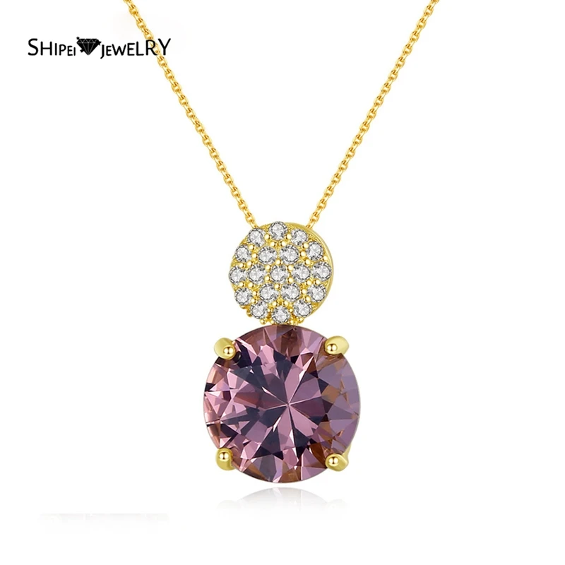 

Shipei 925 Sterling Silver Round Cut Morganite Created Moissanite Gemstone Wedding Engagement Fine Jewelry Pendant Necklace