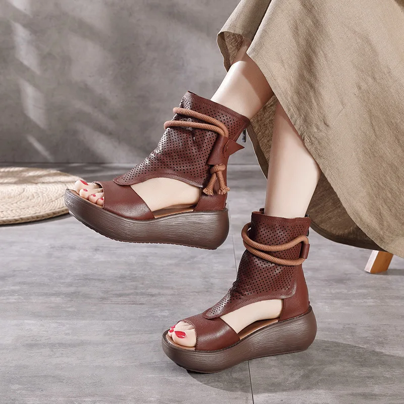 

Женские босоножки с первым слоем, короткие босоножки из воловьей кожи на толстой подошве и высоком каблуке, обувь на платформе с открытым но...