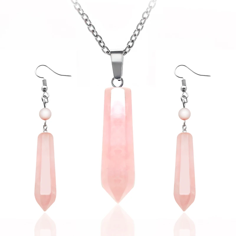 

Fashion Natural Stone Jewlery Set for Women Pink Crystal Pendant Stainless Steel Earrings Necklace Set Sweet Cute Girls Jewelry