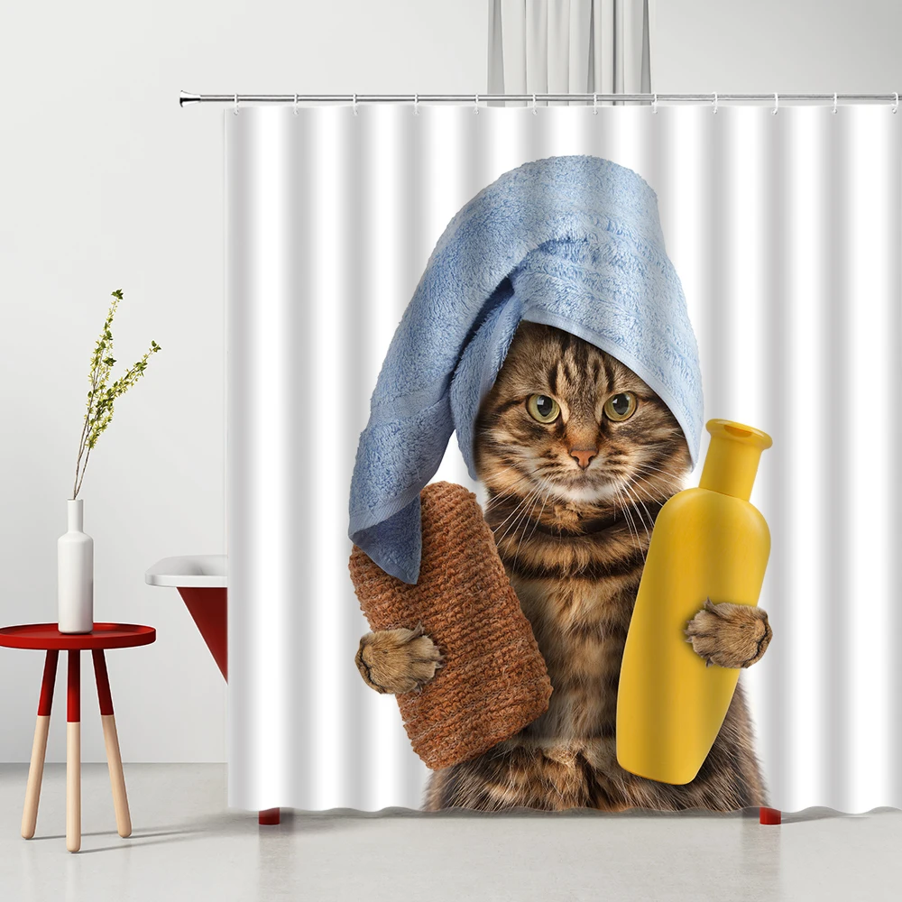 

Funny Animal Shower Curtains Cute Pet Cat Take a Bath Creative Pattern Bathroom Decor Polyester Cloth Hanging Curtain Set Cheap