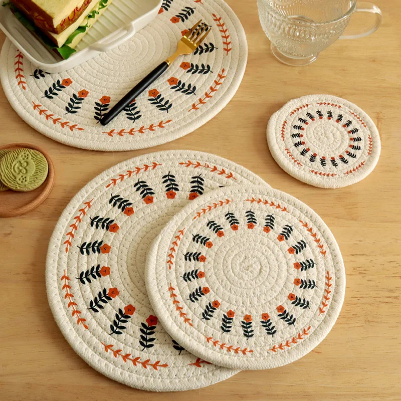 

Light Luxury Nordic Cotton Printed Mat Disc Pad Coaster Original Woven Insulation Mat Dining Table Mat