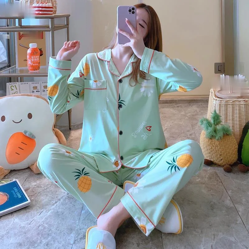 

Women Nightshirt Sets 2021 spring Cotton Pajama Set Print Turn-down Collar Buttons Long Sleeve Sleepwear Womens Tops Long Pant