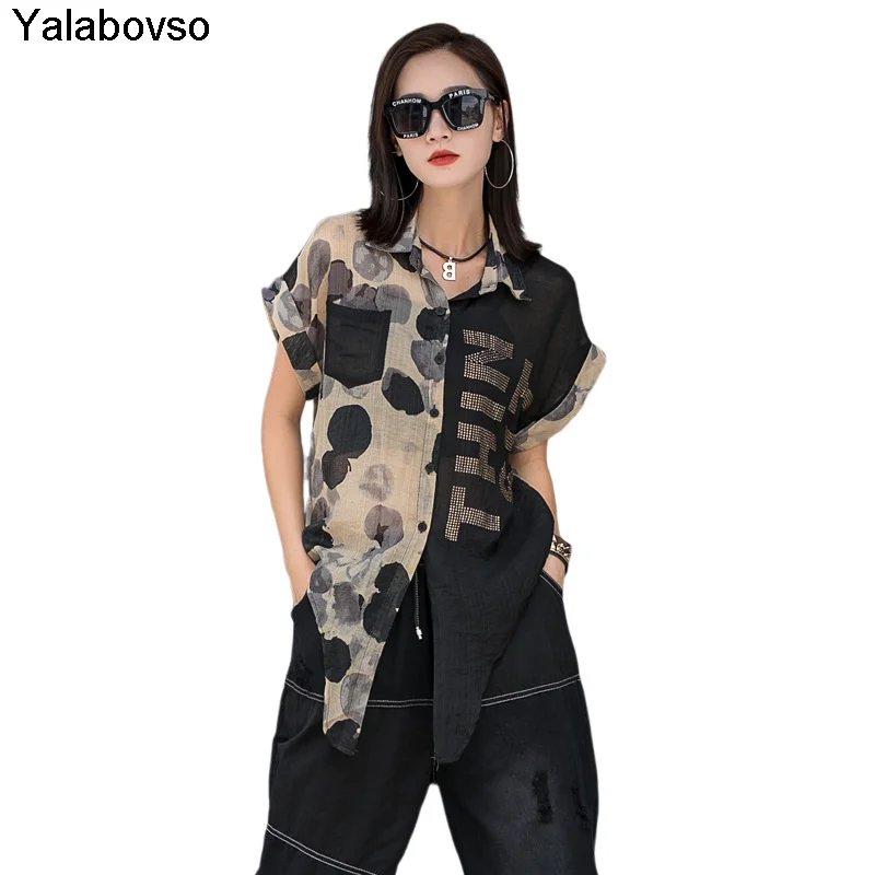 

New Summer Heavy Industry Loose Lapel Short Blouse Female Fashionable Foreign Style Printed Tencel Cotton Shirts For Women
