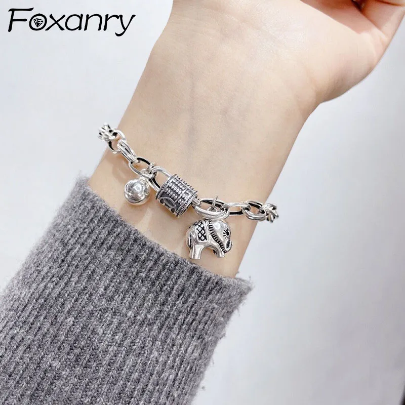 

FOXANRY Silver Color Bracelets Fashion Punk Vintage Couples Simple Elephant Pendant Thai Silver Party Jewelry Wholesale