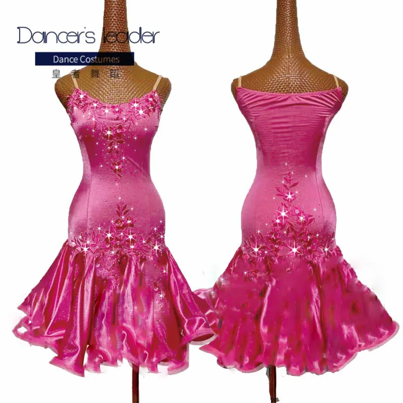 

High-end Custom Latin Dance Competition Costume Fish Bone Curling Embroidery Adult Dance Skirt Performance Costume