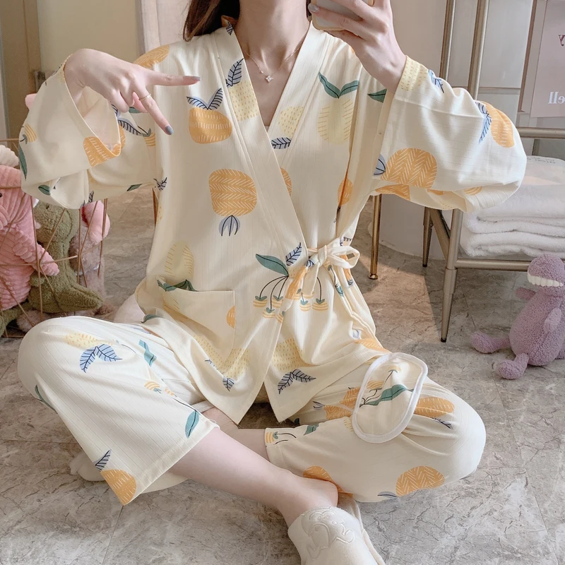 

Harajpee Japanese Kimono Autumn Pure Cotton Pajamas Women's Long Sleeve Ins Fresh Lovely Pineapple Student Leisure Home Clothes