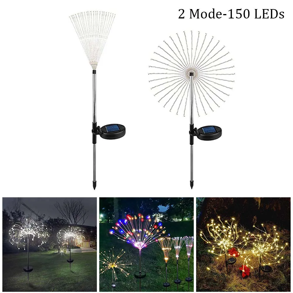

150 LED Solar Powered Firework Starburst Stake Light Warm White Garden Outdoor Built-in Light Sensor Solar Lawn Lamps
