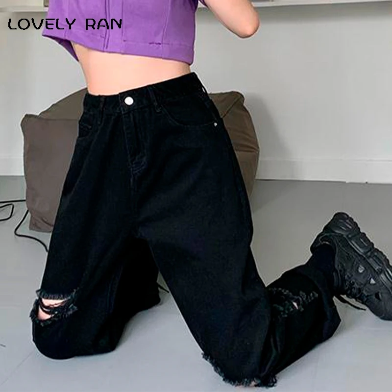 

Women's High Waist Hole Straight Jeans Female 2021 Spring Streetwear Casual Loose Wide Leg Pants Lady Fashion Streetwear Pant