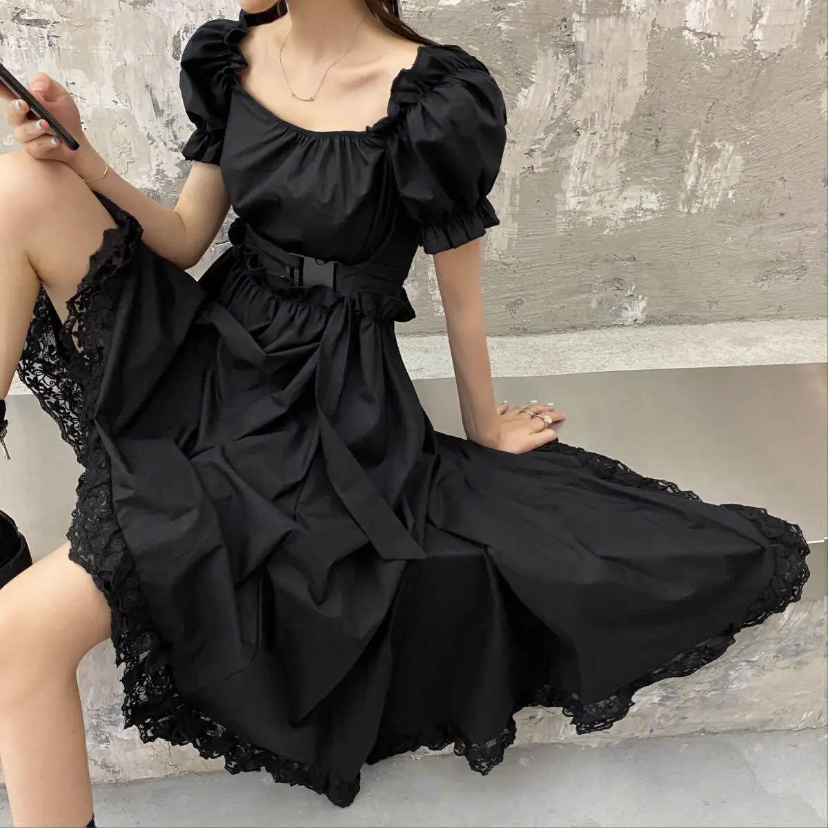 

Summer Korean Elegant Casual Women Dress Female Square Collar Vintage Puff Sleeve Irregular Lace Splice Midi Long Dress Vestidos