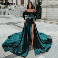 sodigne green evening dress with beads belt long sleeve side split morocco kaftan velvet prom dresses long party gowns