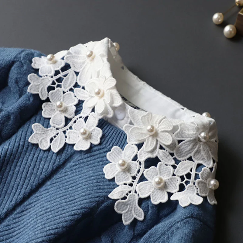 

Elegant Beaded Lace Fake Collar Cotton White Detachable Collar Fake Women Vintage Stand Ladies False Blouse Collar Half Shirt