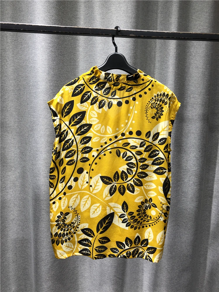 

Tshirt Women New Summer Products Pure sSilk Fashion Lotus Collar Sleeveless Top Branches And Leaves All Over The Body