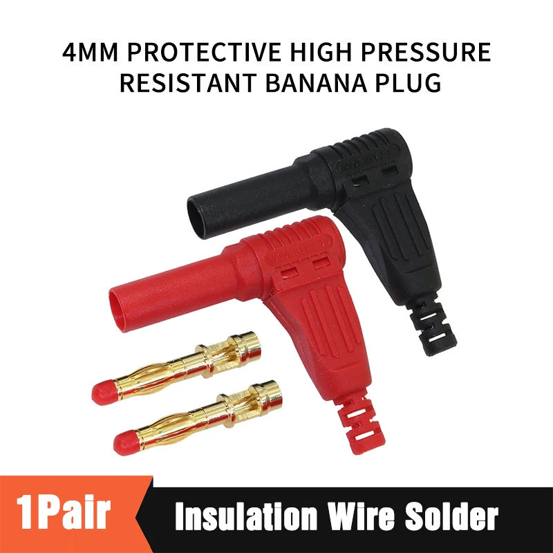 

2Pcs/1pair Red/Black 4mm Male Right Angle Insulation Wire Solder Type DIY Banana Plug Connector Multimeter Test