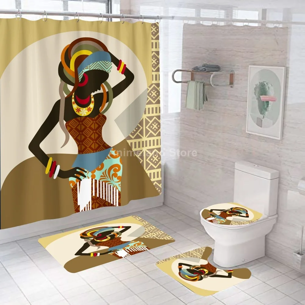 Cool Girl Crown Shower Curtains Black African Style Bathroom Curtain Bath Sets Toilet Cover Mat Non-Slip Washroom Rug Set Gift | Дом и сад