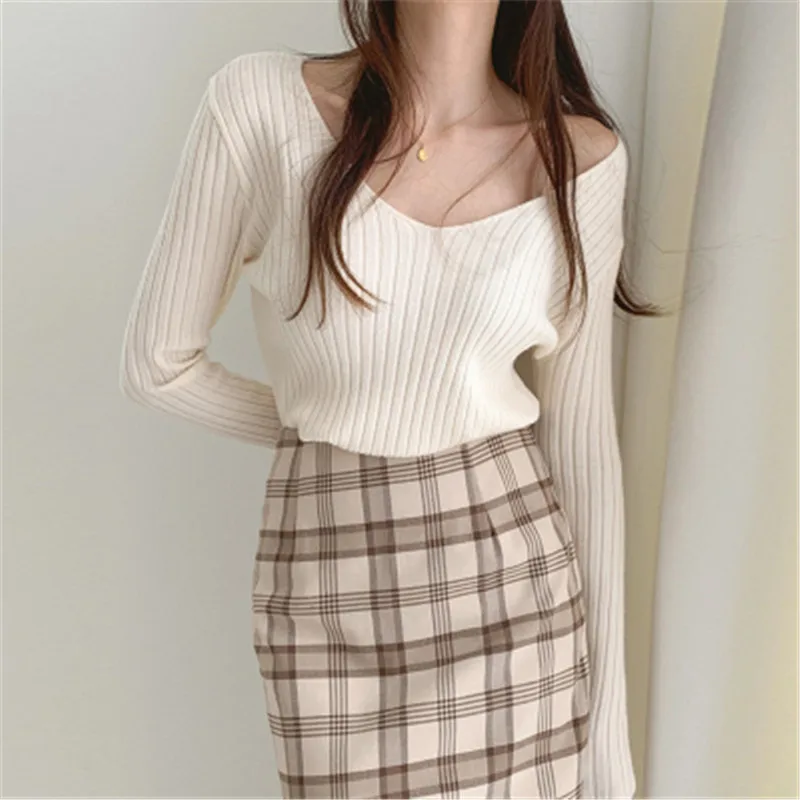 

Свитер женский шерстяной, с V-образным вырезом, однотонный, в полоску, Повседневный, 2020