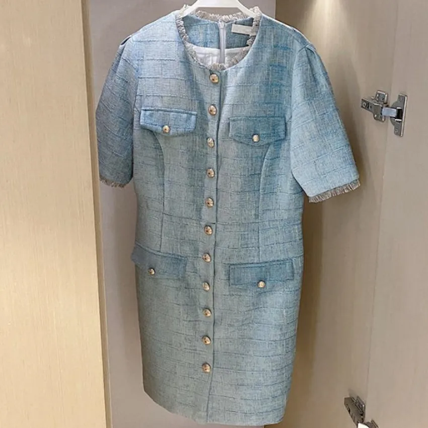

French style small fragrance summer short sleeve tweed dress women single breasted slim a-line dress
