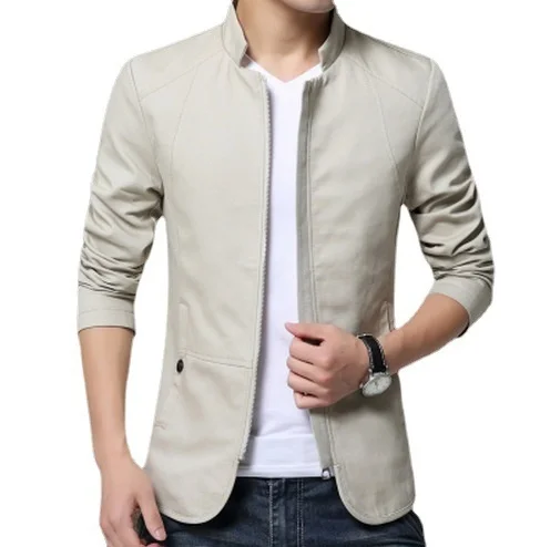 

leather 2021 men's fashion spring stand casual collar sleeve jacket slim fit jacket Korean stand collar