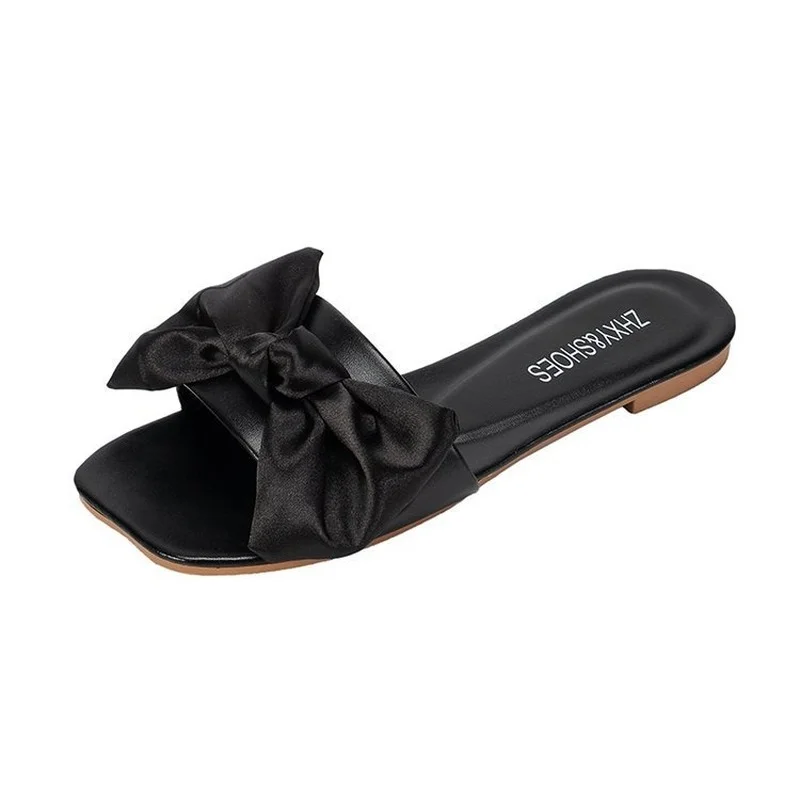 

2021 Summer Leisure Women's Slippers Decorative Bow Sole Ladies Sandals Square Toe Open Toe Beach Shoes Affordable Flip Flops