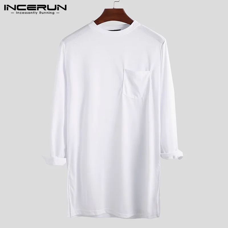 INCERUN Fashion Men T Shirt Solid O Neck Long Sleeve Pockets Hip-hop Tops Pakistan Casual Indian Long T-shirt Men Clothing