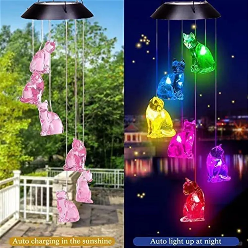 

Solar LED Cat Wind Chime Light Aluminum Tube Wooden Sign Garden Decorative Home Room Decor Lover Light