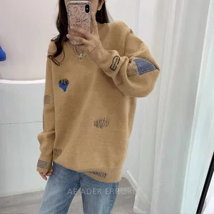 ADERERROR sweater women's high-quality V-neck love graffiti embroidery loose warmth and lazy style thick knit sweater unisex top