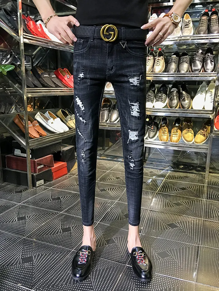 NEW spring autumn skinny strech Casual ripped hole fashion black teenagers hip hop cowboy denim leg jeans men pencil pants