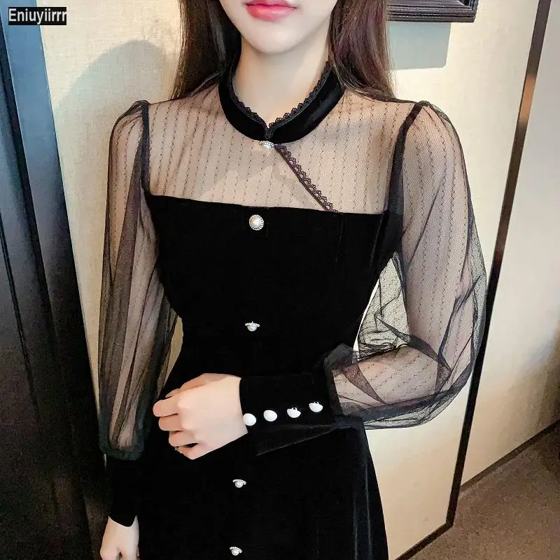

Women 2021 New Year Spring Patchwork Sexy Sheer Mesh Stand Collar Vintage French Black Velvet Mini Elegant Party Dress
