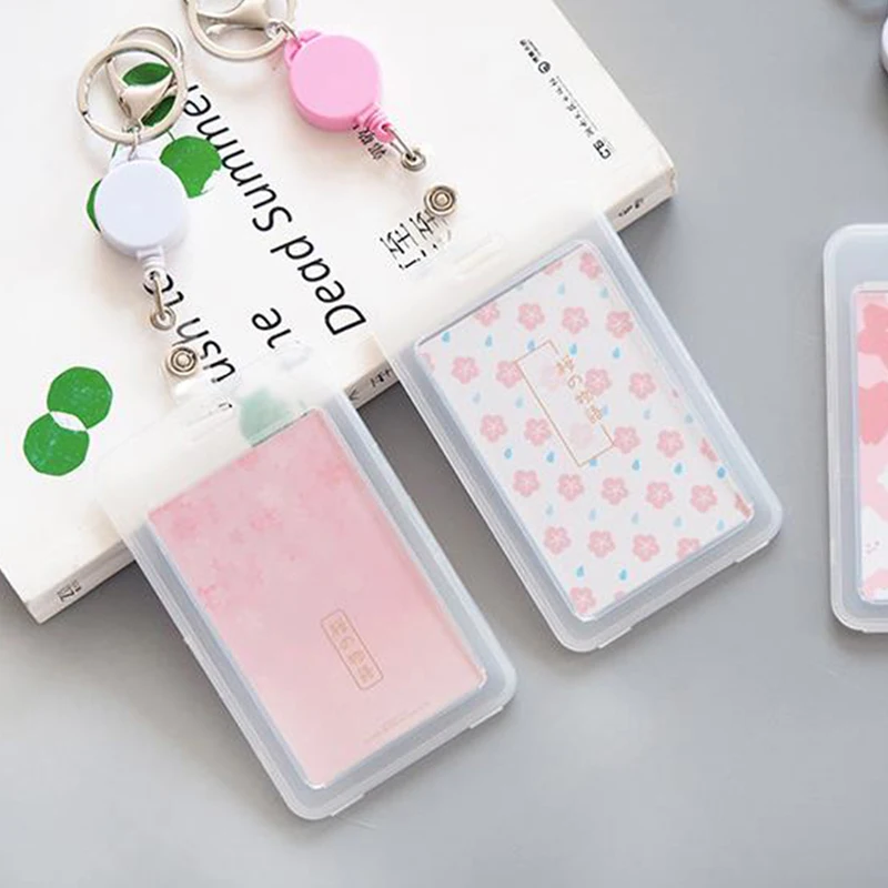 

Simple, Fresh And Cute Cherry, Cherry Blossom Transparent Badge With Retractable Keychain Plastic Card Box Girl Gift Keychain