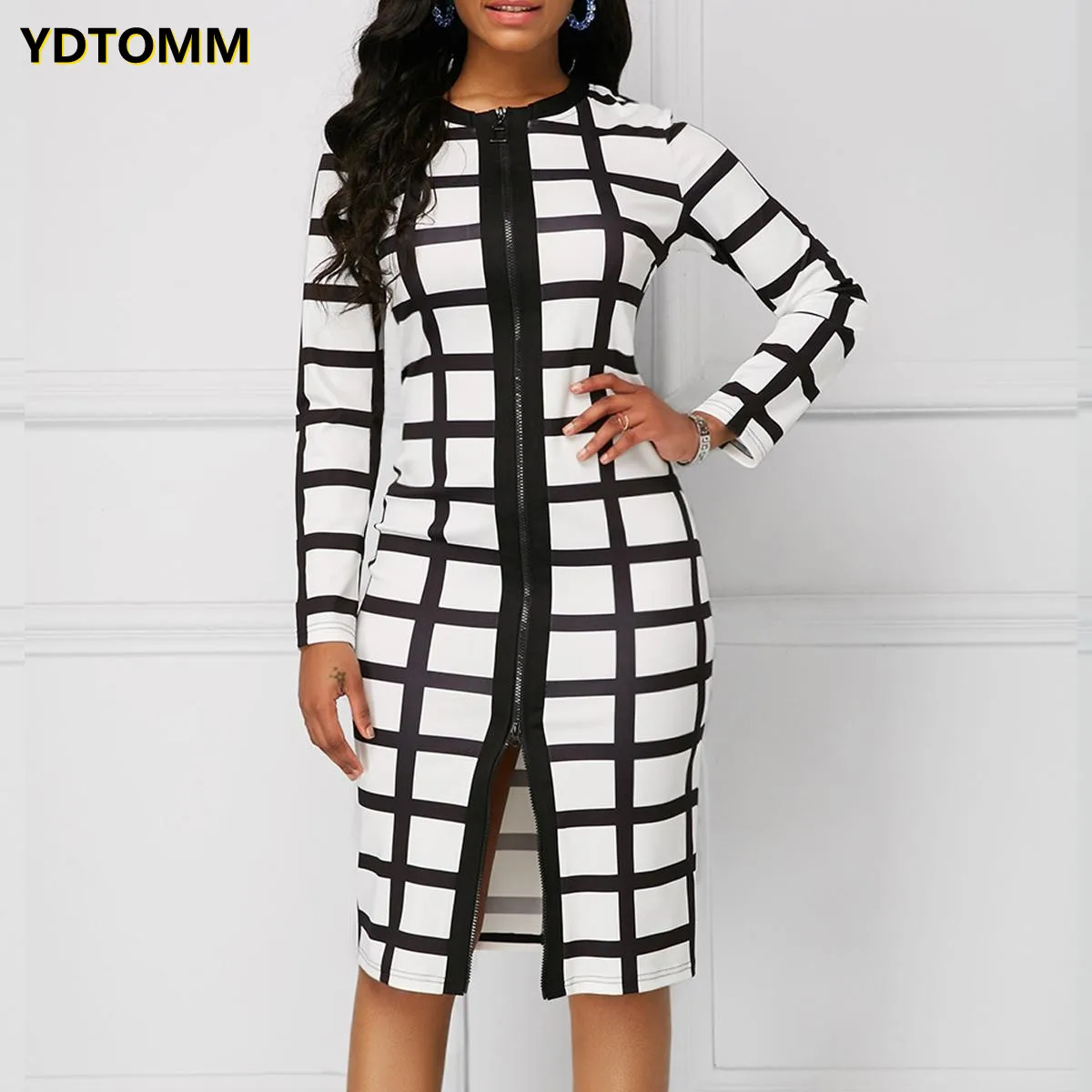 

Dress Women Casual XXL Size Slim Black White Plaid Zipper Office Pencil Dresses Elegant fashion Split Long Party Dress 2021
