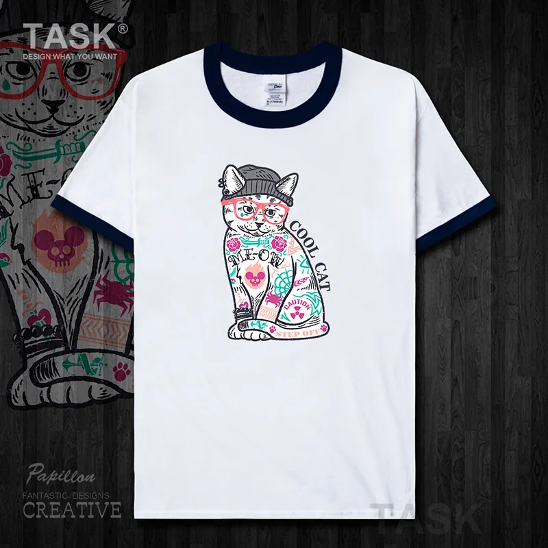 

Men's t-shirt animal tattoo cool cat funny print short sleeve clothes cotton graphic Tees casual Harajuku Streetwear new 13 0002