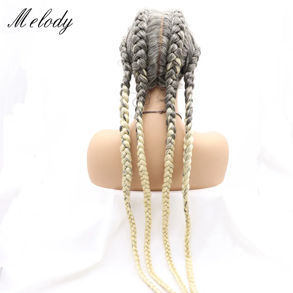 Melody Long 30 Inches Synthetic Lace Front Braided Wigs  Gray Ombre Blonde Mixed Four Braids Box Braid For Black Women